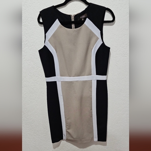 Sheath Dress Black White Khaki Sleeveless Colorblock Size 10 - Picture 1 of 16